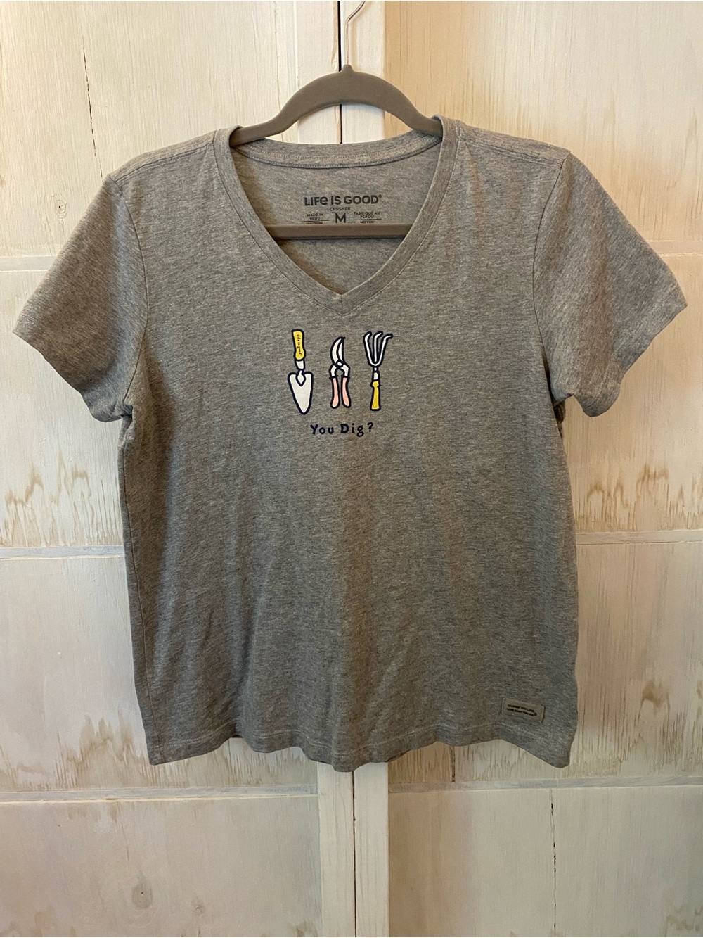 Life Is Good Heather Gray V-Neck Tee with Yellow Gardening Tool Accents